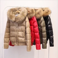 ailegog new winter women real raccoon fur collar white duck down hooded jacket short coats female slim casual down outerwear
