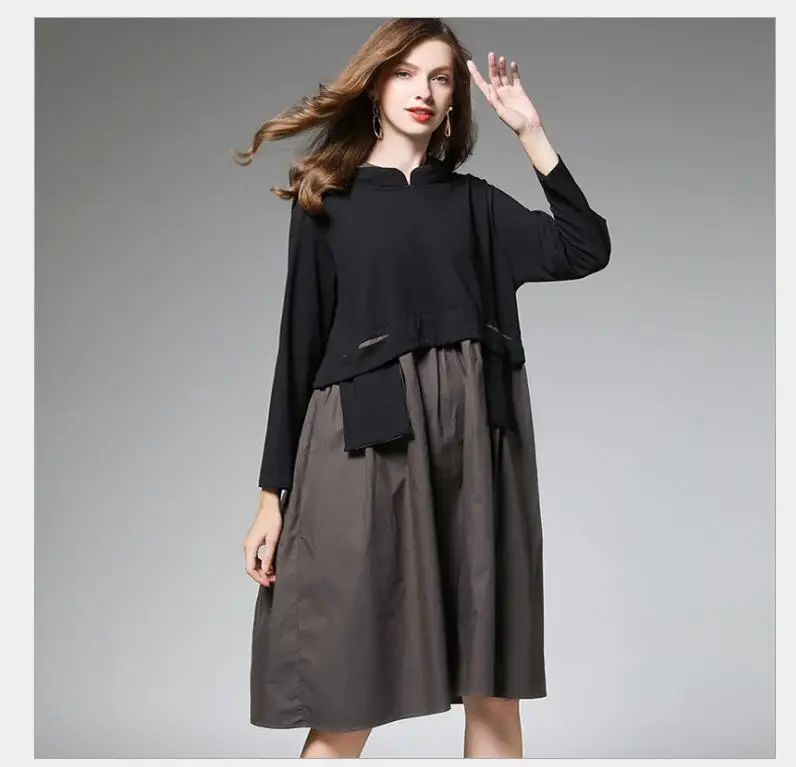 

Fashionable contrast color patchwork dress loose hooded skirt