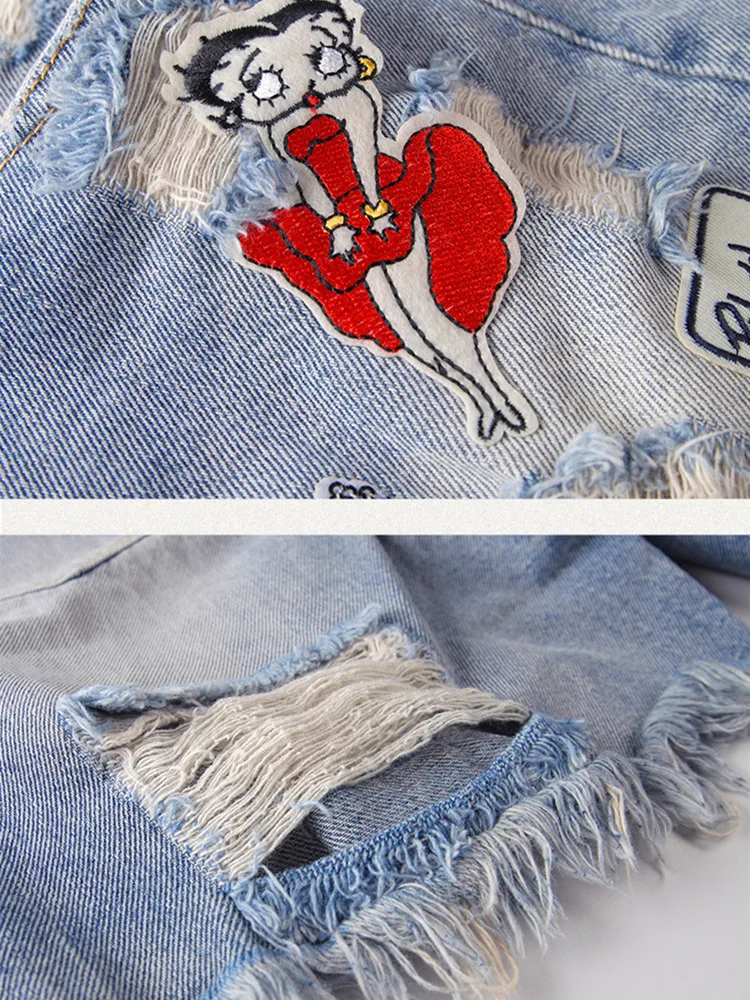 

Cartoon embroidery denim hotpants summer shorts women cotton pocket shorts oversized loose streetwear hole booty shorts ladies