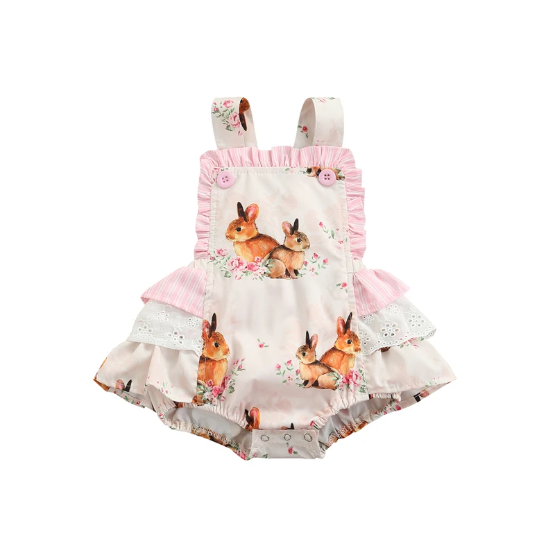 

Baby's Clothes Girl Rompers Summer Jumpsuit Toddler Cute Rabbit Print Ruffles Sleeveless Easter Suspender Children's Clothing