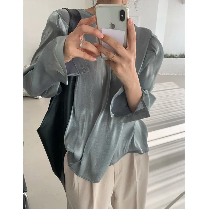 

Yedinas Women Bottoming Tops Long Sleeve O-neck Loose Solid Color Korean Style Chic Elegant Ladies Blouses Vintage Blusas Mujer