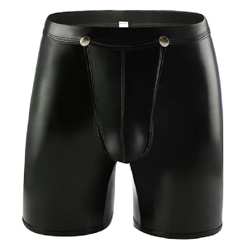 Men Patent Leather Sexual Interest Fad Dew Buttocks Boxers Low Waist Front Back Slit Gay Scrotal Pouch Separate Household Shorts | Мужская