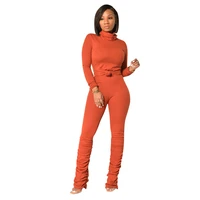 new women two piece fashion high neck solid ccolor tight suit tops pants casual european american autumn winter two piece suits