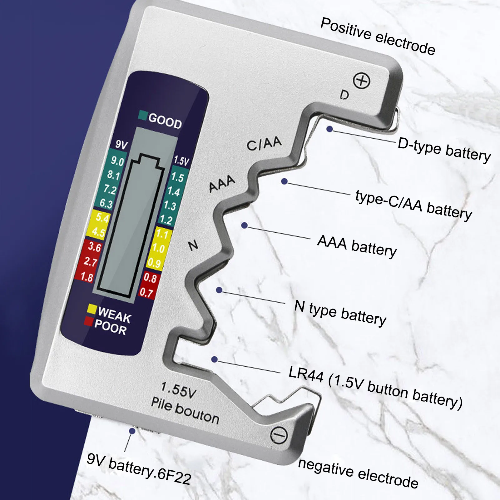 

Battery Tester LCD Screen No. 5 And No. 7 Button Batteries 9V Battery Voltage Measuring Instrument