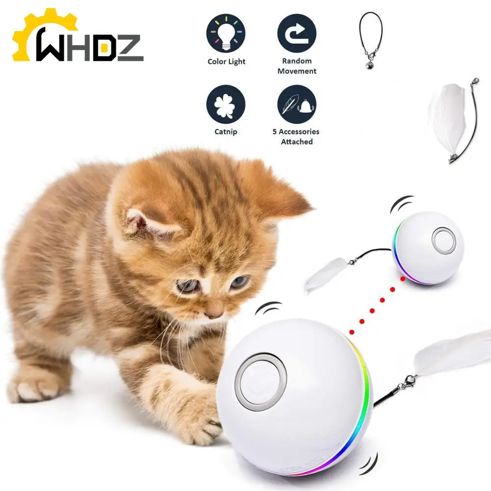 

Automatic Smart Cat Toys Ball Interactive Catnip USB Rechargeable Self Rotating Colorful Led Feather Bells Toys for Cats Kitten
