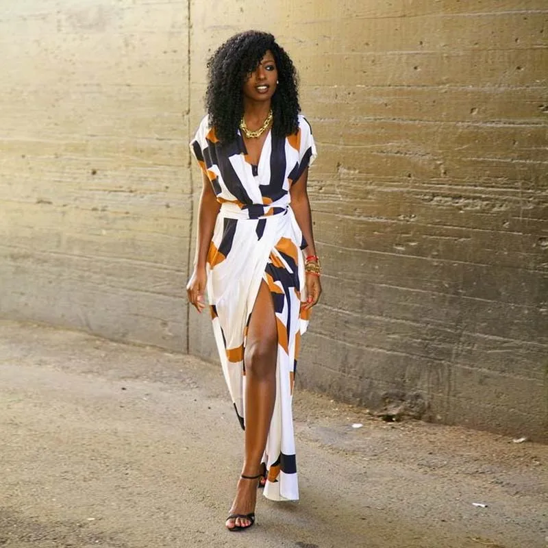 Женское асимметричное платье макси Летнее Длинное с высокой талией V-образным