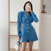 korean women hollow out long sleeve open back blue blazers 2021 spring autumn slim ladies blazer coat casual black suit jacket