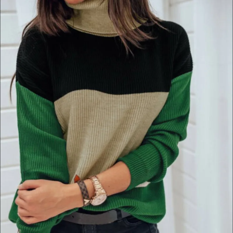 

hirigin Ladies Jumper Pullover Tops Long Sleeve Patchwork Knitwear Womens Loose Knit Sweater