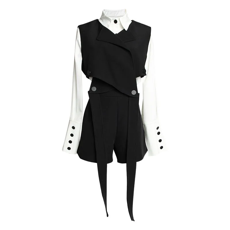 

Fashion Women Sets Female 2021 Autumn New Model White Shirt Casual Lace Black Vest Shorts Three-Piece Fashion