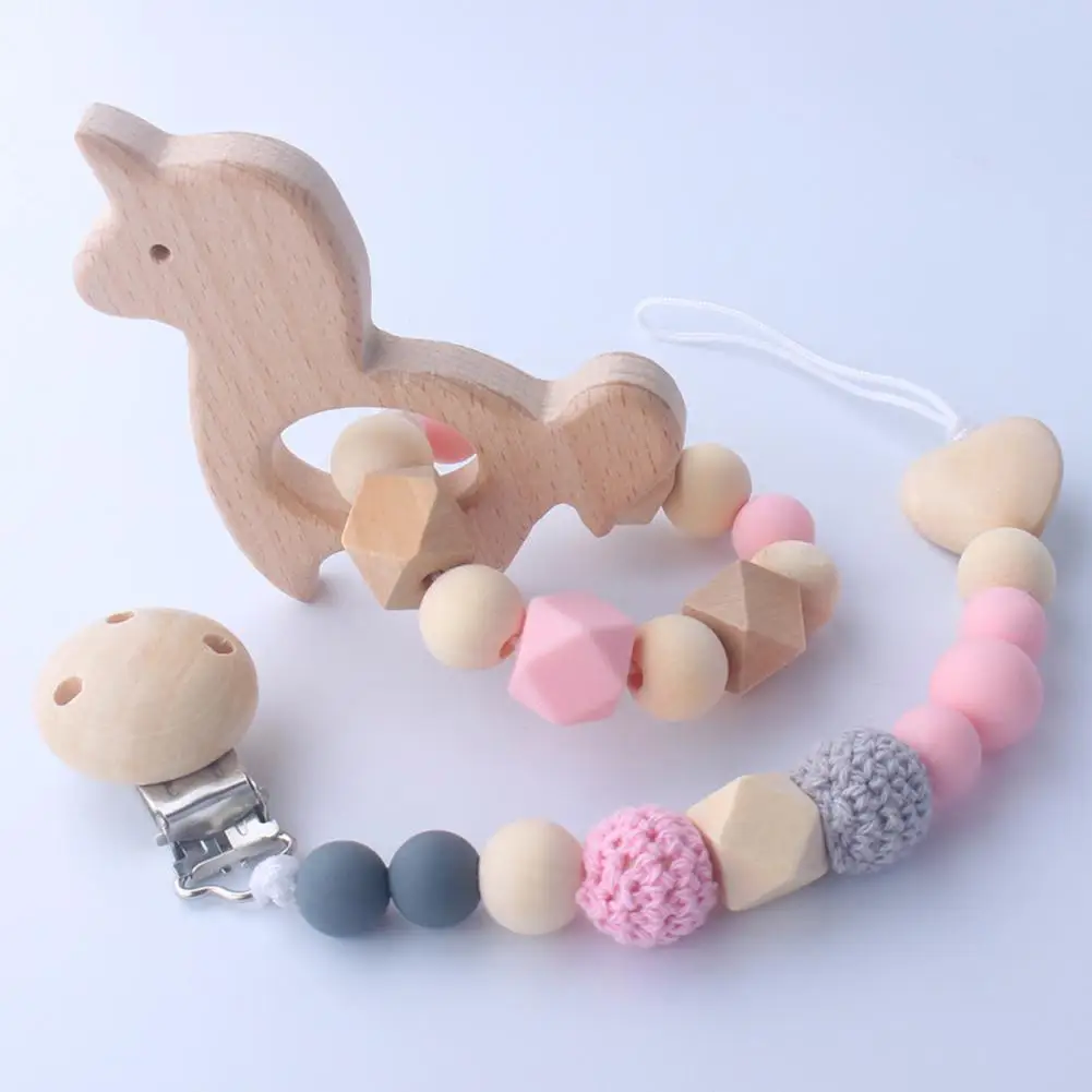

2Pcs/Set Baby Wooden Animal Teether Toy Silicone Beads Pacifier Holder Clip