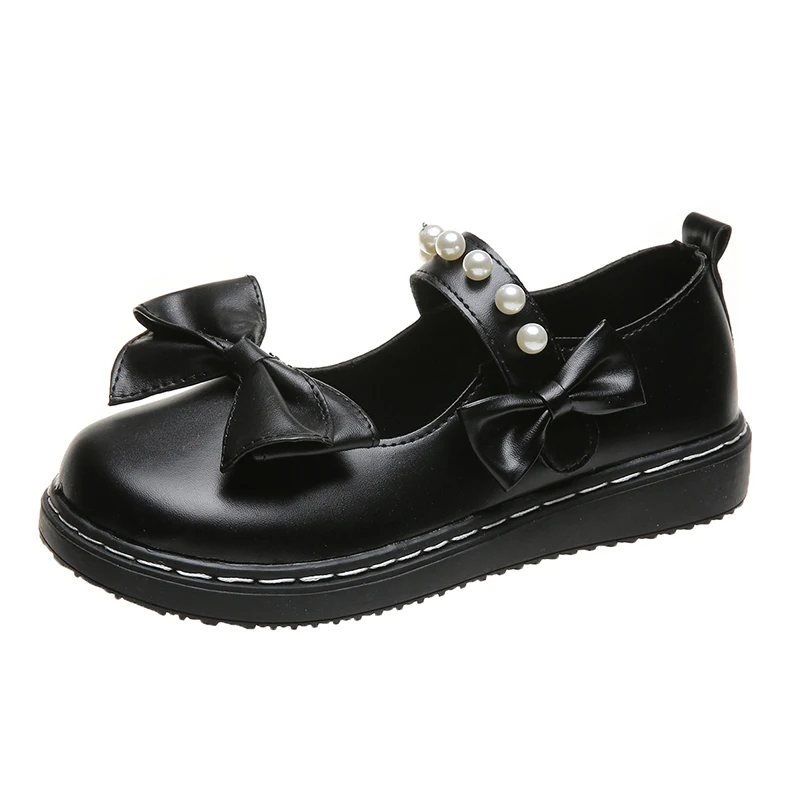 

Mary Jane Shoes Woman Japanese Style Small Leather Flats Shoe Retro Round Toe Pearl Butterfly-knot Black Student School Shoes