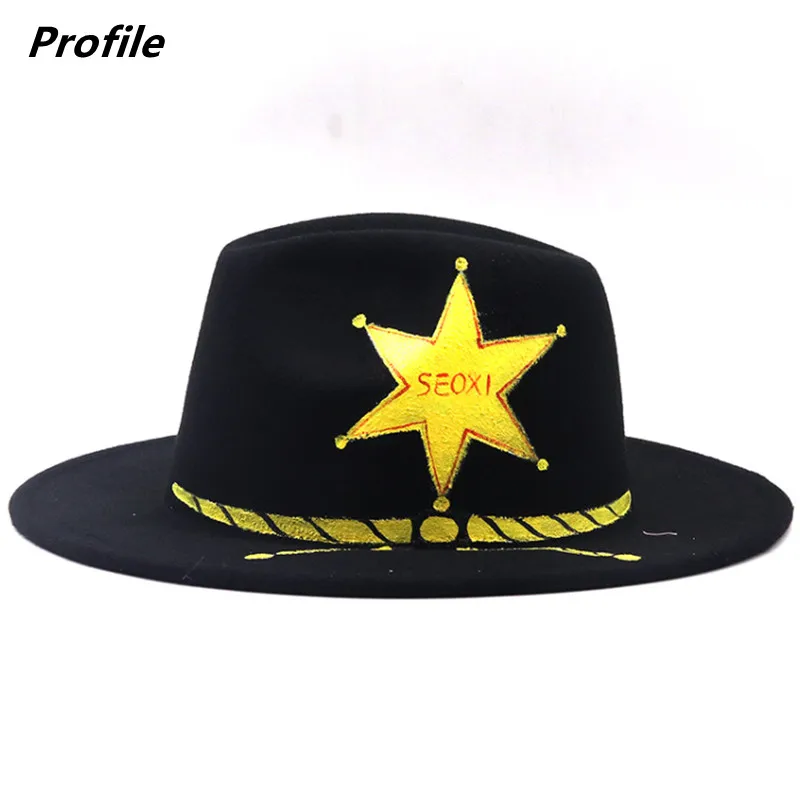 

Hand-paHand-painted pattern fedora hat hexagonal star pattern flat brim tie-dye jazz hat winter fedora hat wholesale and retail