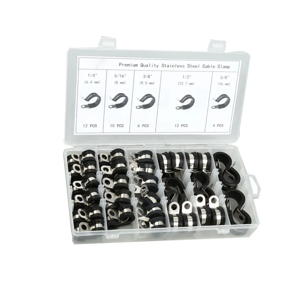 

44PCS/Lot Stainless Steel P Clips Black Rubber Lined Retaining Hose P Clips Clamp Hose And Cable P Clamp Electrical Fittings