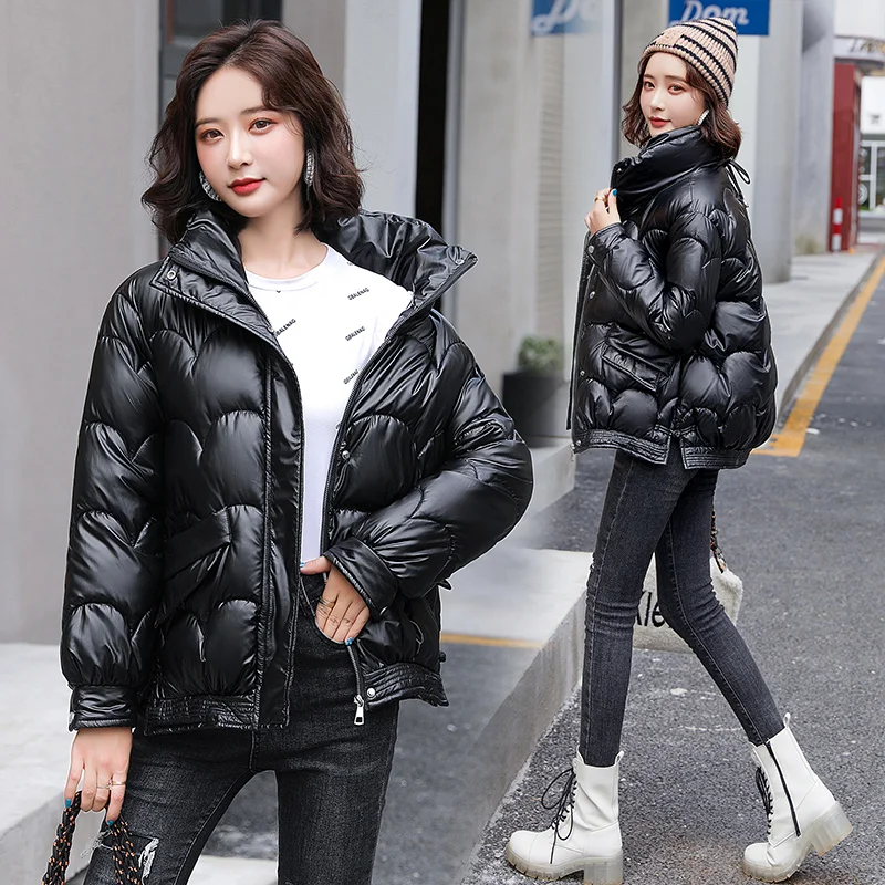 Fashion Women Winter Bright Parkas Stand Collar Short Jacket Cotton Padded Warm Thicken Ladies Coat Long Sleeve Coats Parka