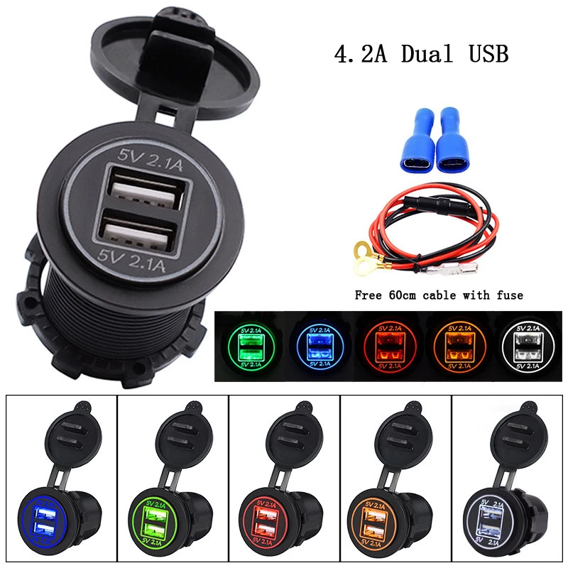 

OHANEE Motorcycle 5V 4.2A car charger for mobile phone Dual USB 2.1A Port Power Socket Outlet 12V 24V Auto Accessories