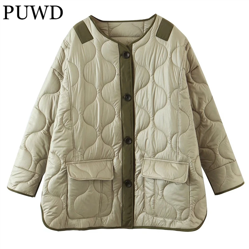 

PUWD Vintage Women Green Pockets Puffer Parkas 2021 Autumn Fashion Ladies Single Breasted Oversize Jacket Female Loose Outwear