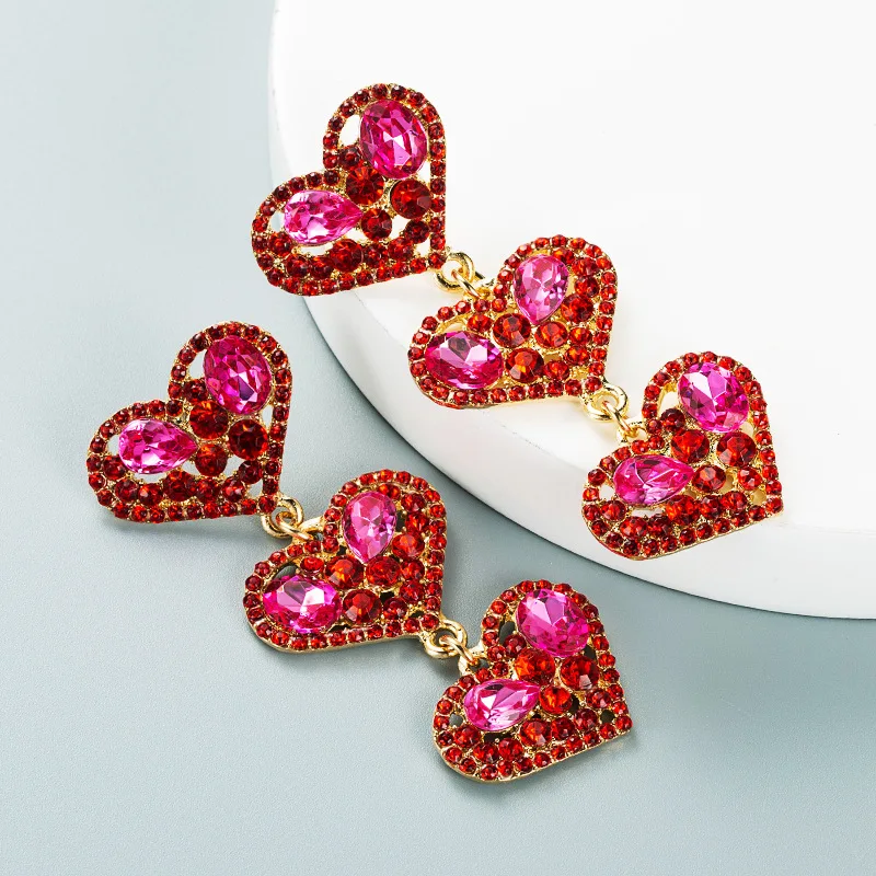 

Luxurious Full Rhinestone Romantic Heart Shape Linked Long Dangle Drop Fancy CZ Earrings for Women Bridal Wedding Jewelry Gift