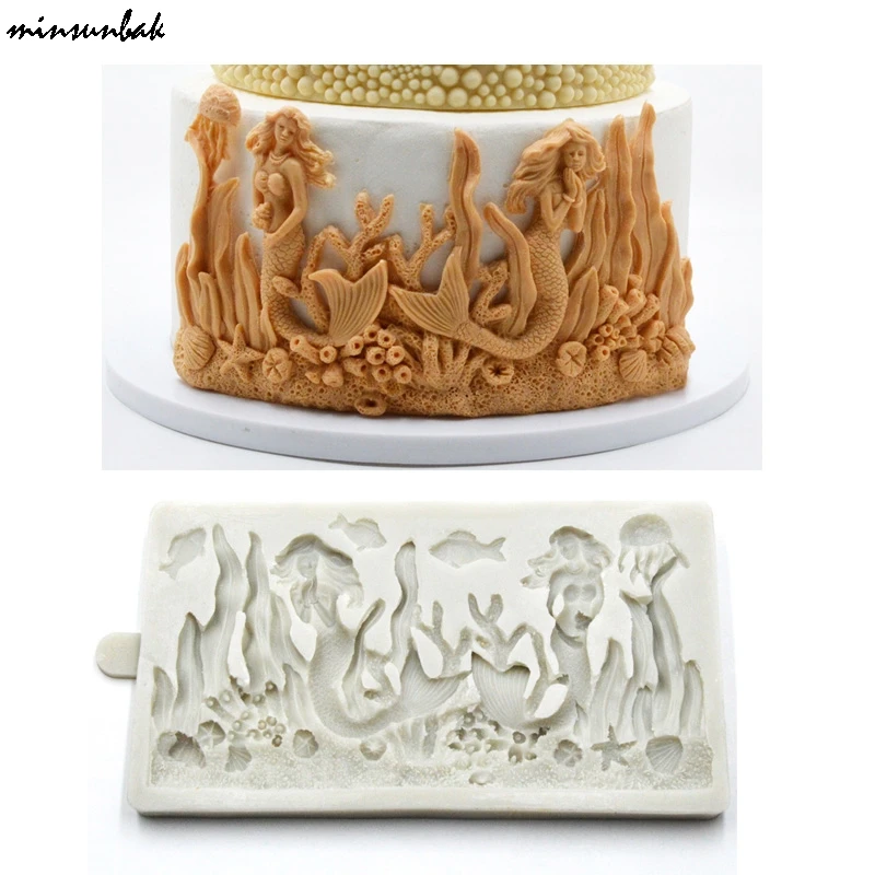 Minsunbak-Molde de silicona para decoración de tartas, hermoso molde de sirena, serie marina, Coral, algas marinas, Fondant
