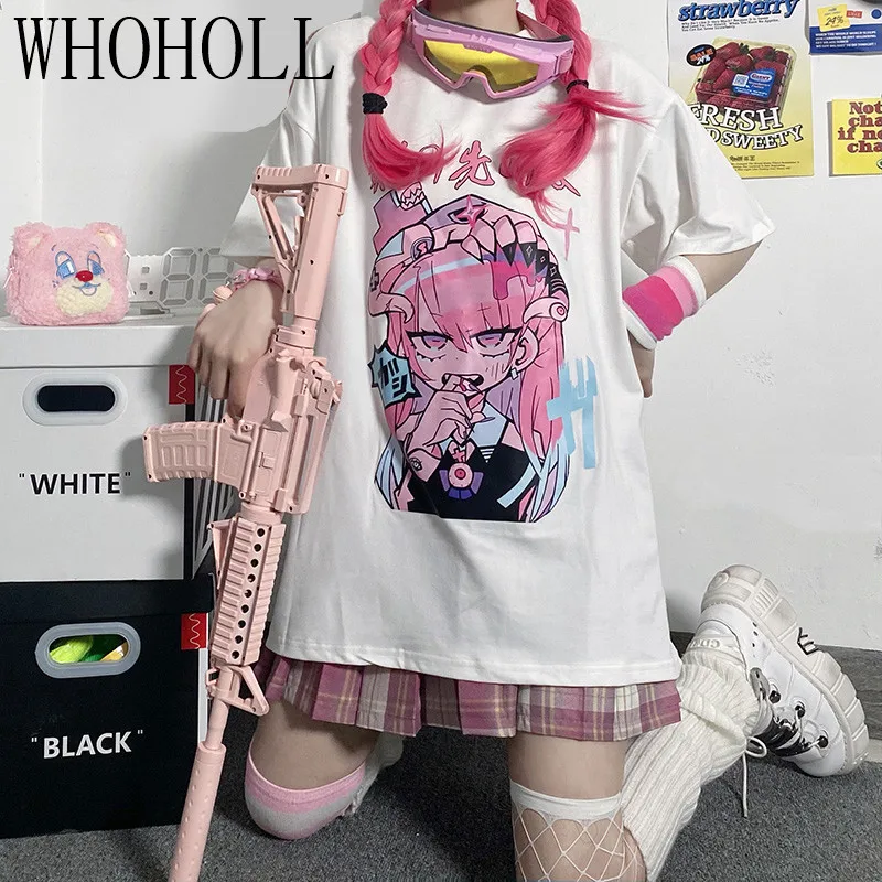 

Cartoon Girl Print T-shirt Black Women Short Sleeve Gothic Punk Tshirts Summer New BF Loose Top Men's And Women's Fashion