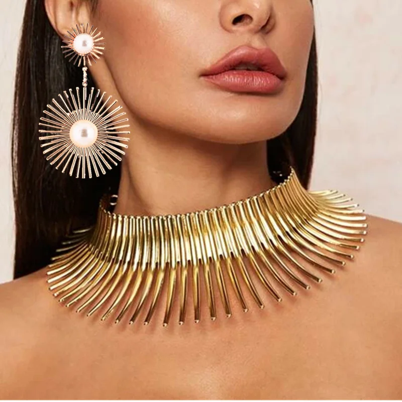 

longqu Africa Wedding Woman Earrings Necklaces Set Brazilian Gold Exaggerated Torque Choker Necklace Earrings Jewelry Set