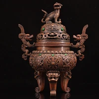 11chinese temple collection old bronze mosaic gem lion cover incense burner three legged incense ornaments town house exorcism