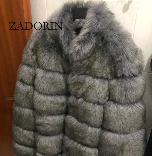 Dark grey ZADORIN новое зимнее женское пальто из искусственного лисьего меха, большие размеры, Женское пальто со стоячим воротником и длинным рукавом, куртка из искусственного меха, меховой жилет fourrure - Цвет: Dark grey