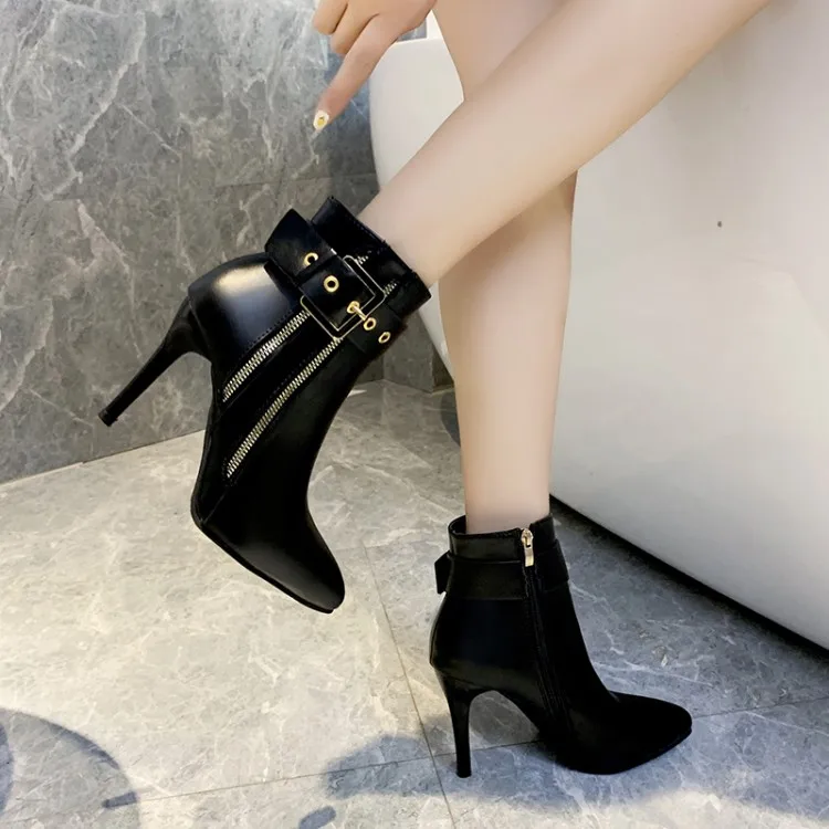 

ankle boots high heels shoes Women's Stiletto High Heel Pointed Ankle Bare Boots Buckle Casual Short Booties bota feminina#4