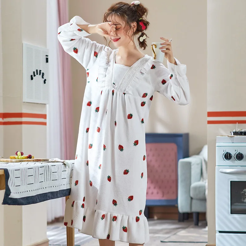 Ночное Платье с принтом юката Осень-зима 2020 утепленная фланелевая Домашняя