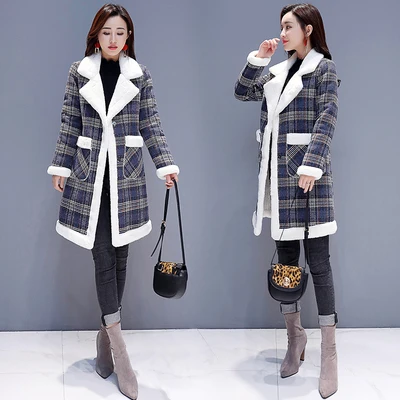 

High Quality Lambs Women Coats And Jackets Winter Plaid Overcoat Thickened Warm Woolen Coat Korean Style Casaco Feminino
