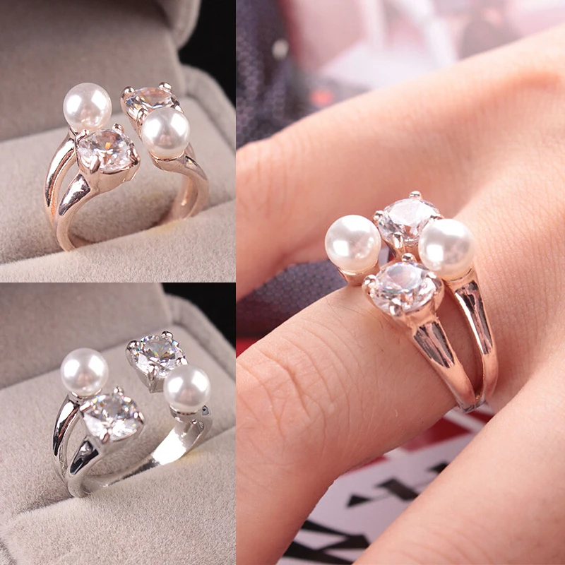 

Korean Fashion Zircon Pearl Ring Opening Ring Adjustable Rhinestone Graceful Chic For Women Wedding OL Jewelry Gift 2020 New