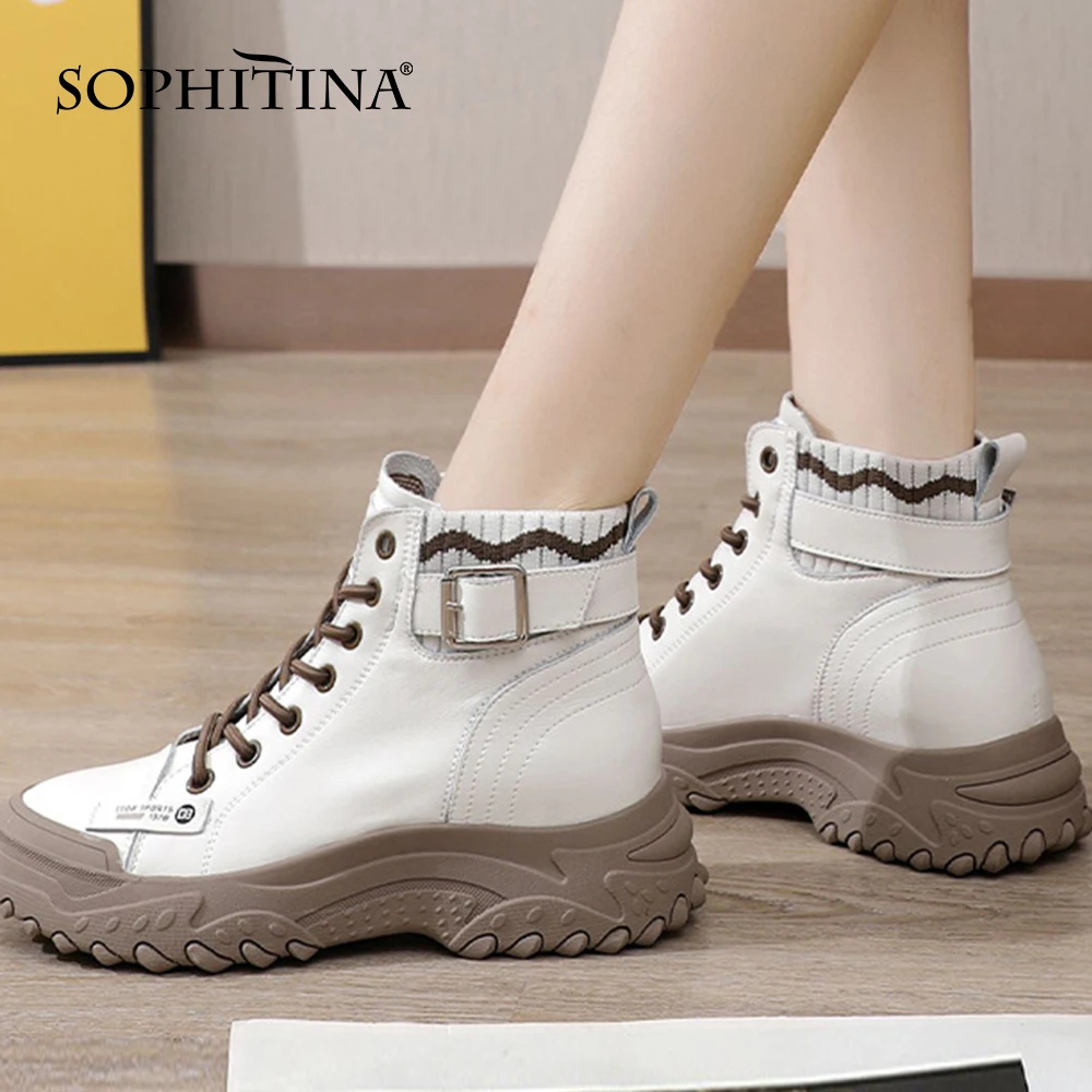 Jual Sepatu Bot Platform Antiselip SOPHITINA Sepatu Gesper Harian Pencocokan Warna Kasual Wanita Sepatu Bot Pergelangan Kaki Wanita Kulit Lembut Bertali HO544