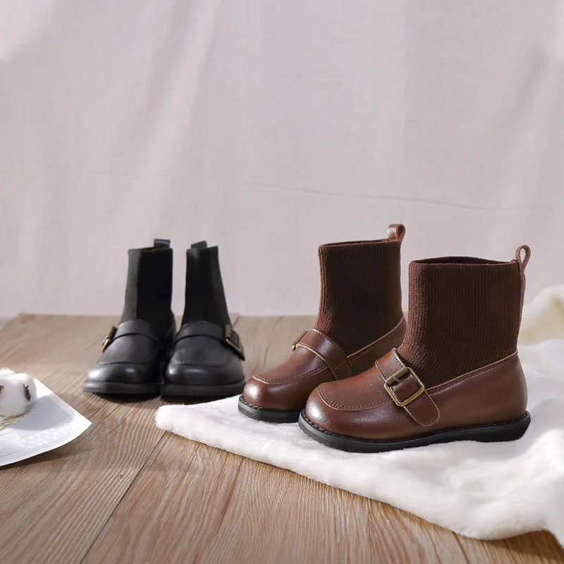 

2020 Winter Kids Boots Girls Woven design Ankle Boots Girls Shoes Black Casual Shoes Children Leather Booties SGF096