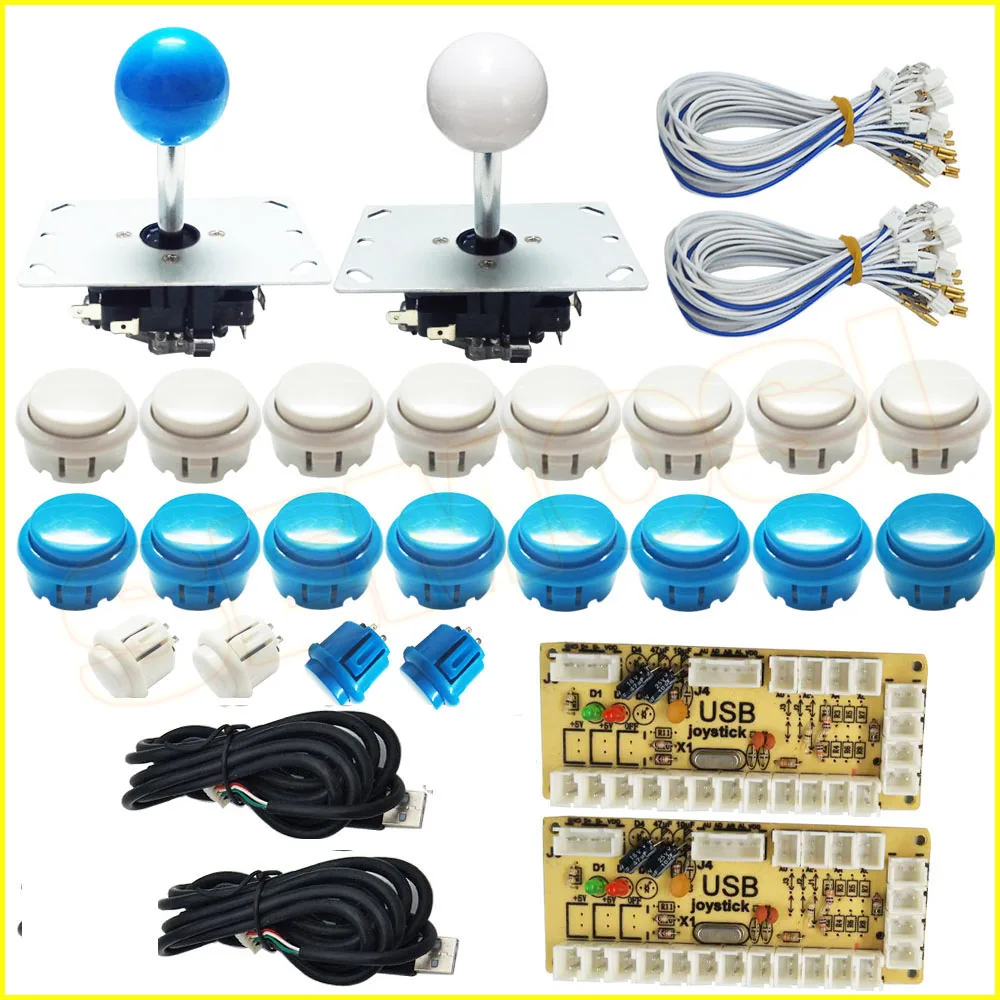 White and Blue Kit 2 Нулевой задержкой, usb-датчик для ПК аркадный джойстик пуш-ап пуговицы «сделай сам» комплект с 2pin кабели 8 способ 5pin джойстик для MAME Jamma машина - Цвет: White and Blue Kit 2
