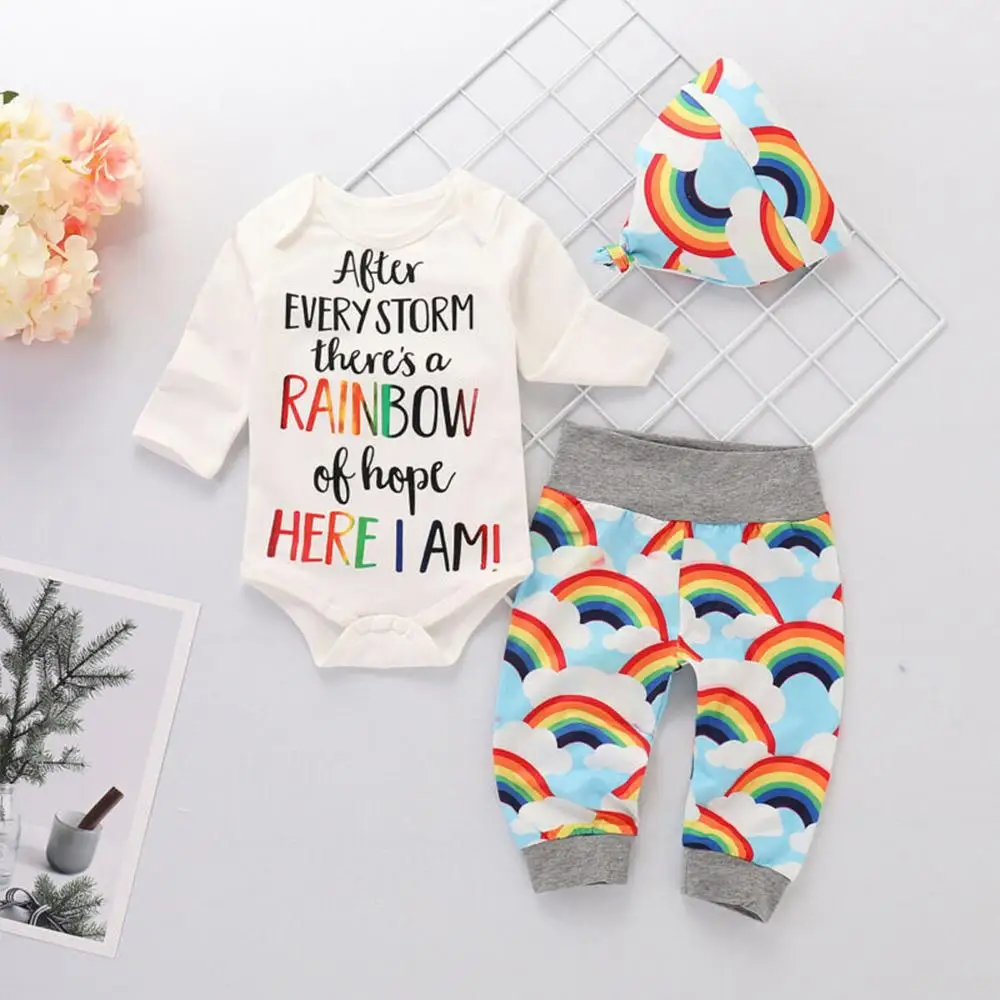 

Newborn Kids Baby Clothes Rainbow Letter Printed Long Sleeve Romper Tops Pant Hats 3PCS Outfit Set