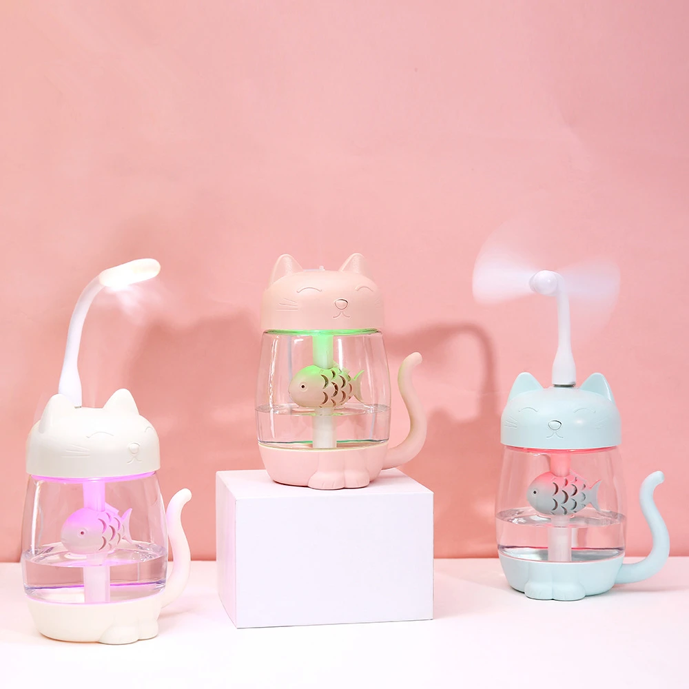 

350ML Cat Air Humidifier With Color LED Light Ultrasonic 3 In 1 Adorable Cat Eat Fish Humidificador USB Aroma Diffuser Fogger