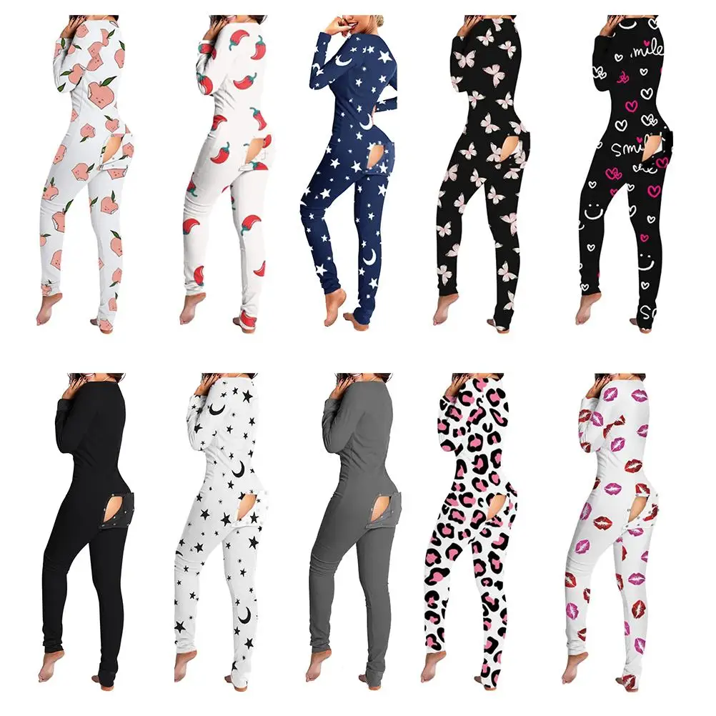 

2022 Animal Print Jumpsuit Women Casual Long Sleeve Button-down Front Functional Buttoned Flap Adults Playsuit Pajamas