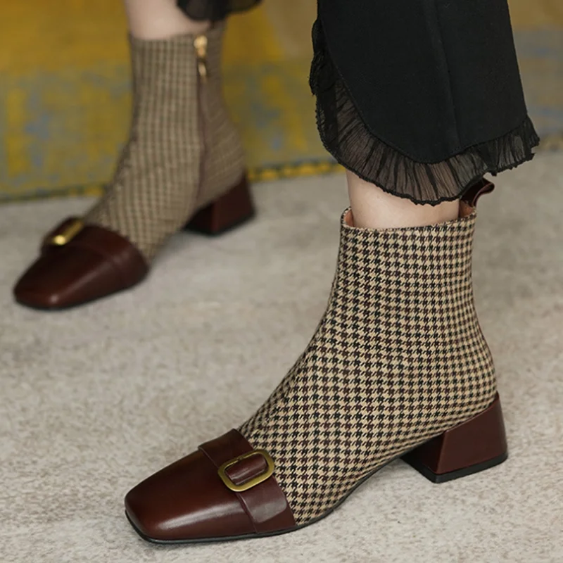 

Short boots women's 2021 boots new houndstooth retro thick square toe color Chelsea boots