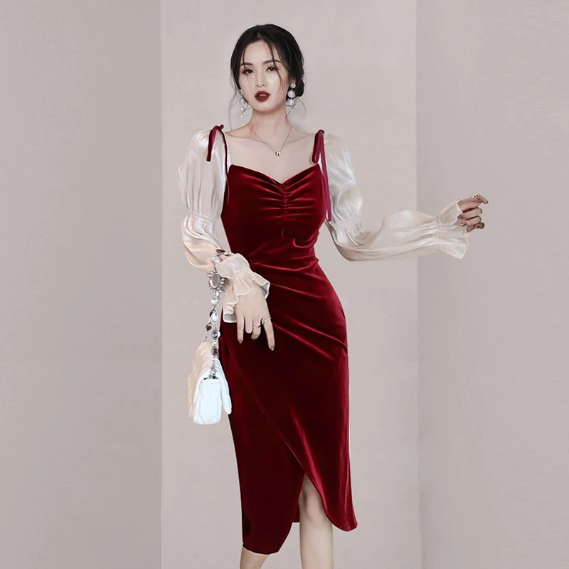 

Suofun V-Neck Red Long Puff Sleeve Sheath Elegant Lady French Vintage Hepburn Camisole The Party Folds Women Spring Dress