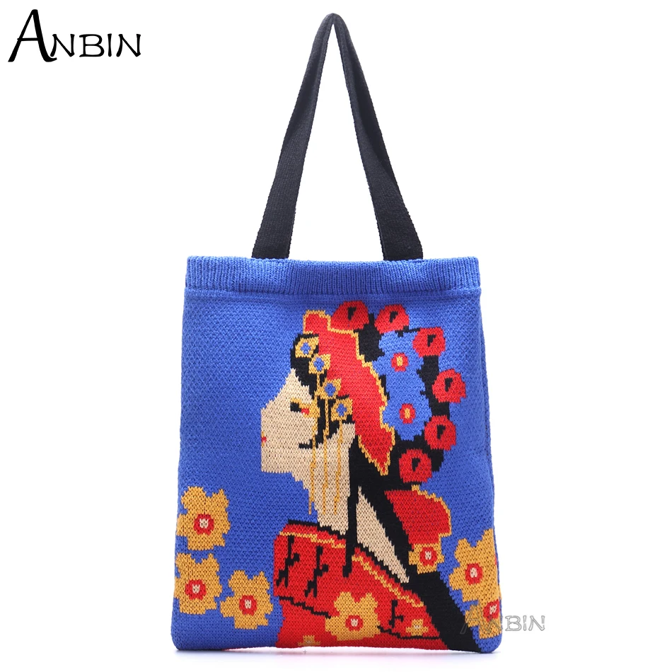 

Women Knitting Beijing Opera Pattern Shoulder Handbag Female Chinese Traditional Vintage Crochet Woolen Shopper Top-handle Tote