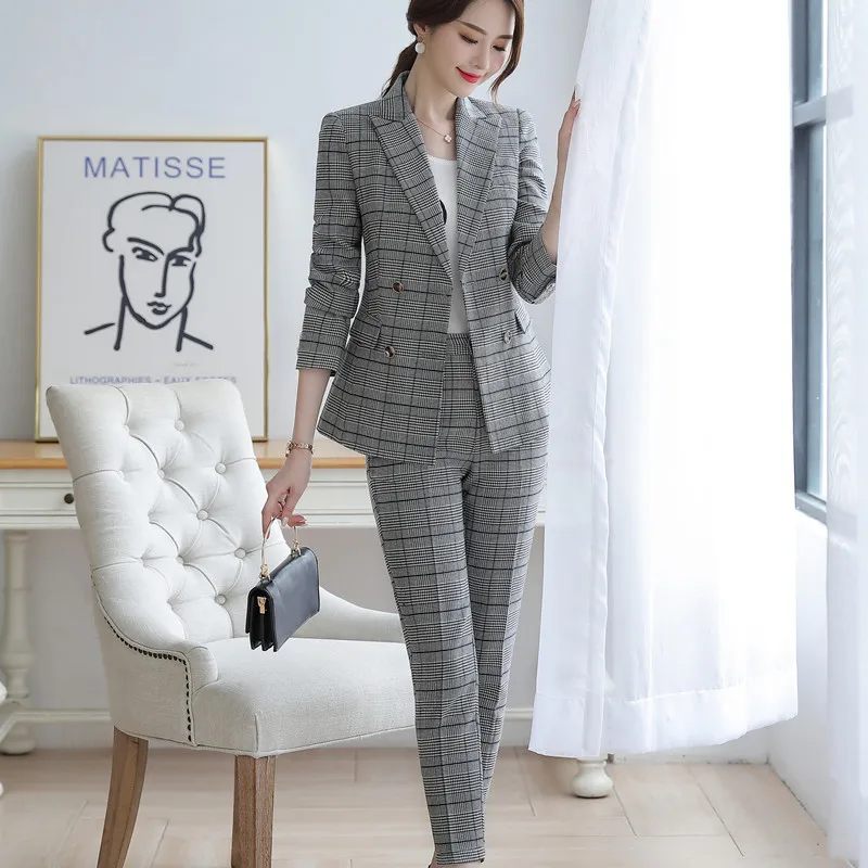 

spring and autumn wild fashion temperament retro plaid double-breasted suit suit women's pants suit OL office workwear suit