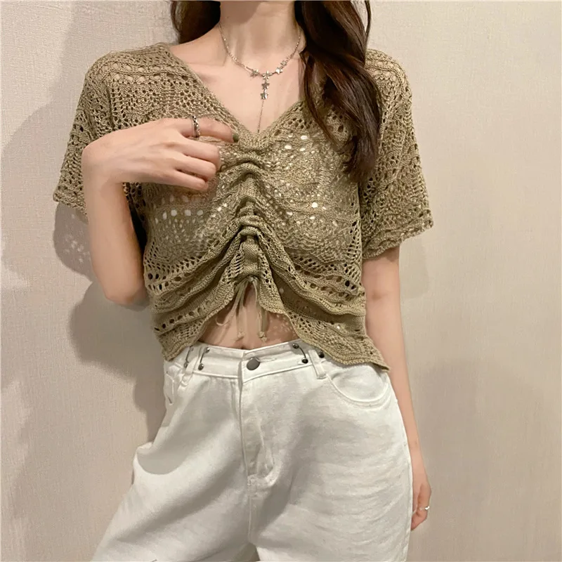 

Korean Version Short Knitwear Women's 2021 Summer New Thin Drawstring Hollow Sunscreen Cover Up Short Sleeve Top Women's Wear