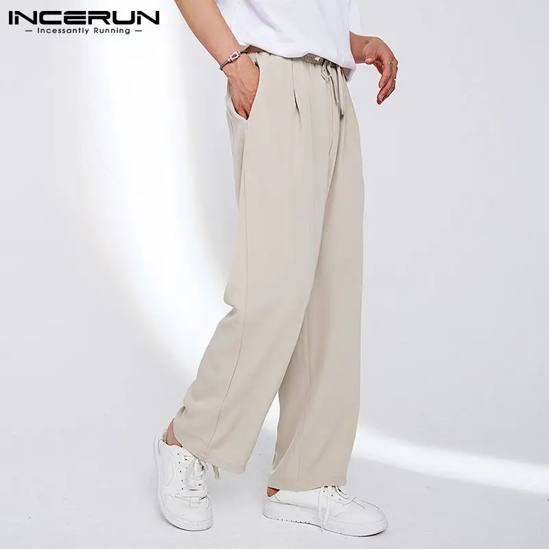 

Однотонные мужские повседневные брюки INCERUN, джоггеры с завязками, Корейская уличная одежда, свободные прямые брюки, повседневные брюки для ...