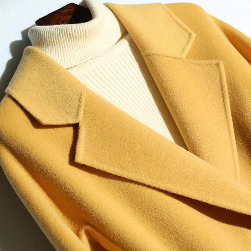 

Long 100% Wool Coat Women Korean Double-sided Spring Autumn Wool Jacket Yellow Overcoat Abrigos Mujer Elegante XRD1810 KJ4039