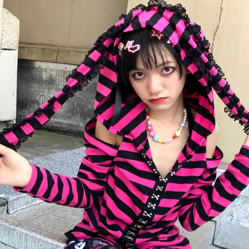 Pink Black Striped Hoodie 2022 Harajuku Hot Girl Pink T-shirts Japanese Sweet Print Long Sleeve Women Ears Hooded Gothic Punk