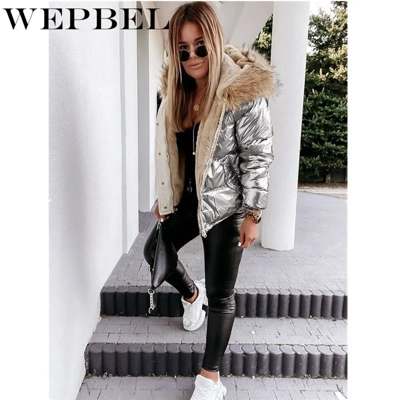 WEPBEL Women's Winter Down Jacket Hooded Fur Collar Coats women Causal Pockets Loose Shiny Glossy Thick Warm Cold Coat