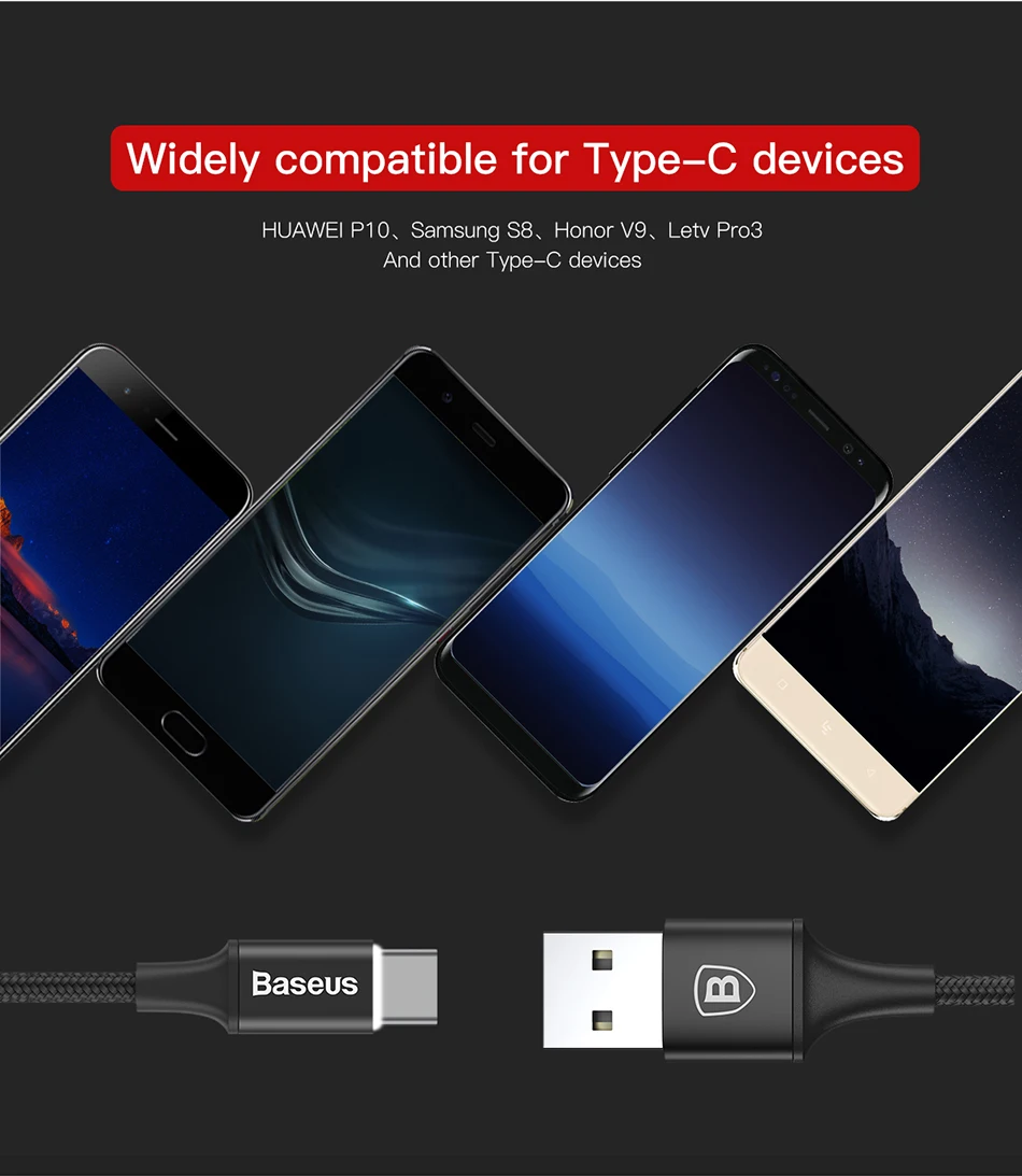 Baseus usb type-C кабель USB C для samsung S9 S10 светодиодный кабель освещения type C для huawei P30 Lite Pro USB-C кабели для мобильных телефонов
