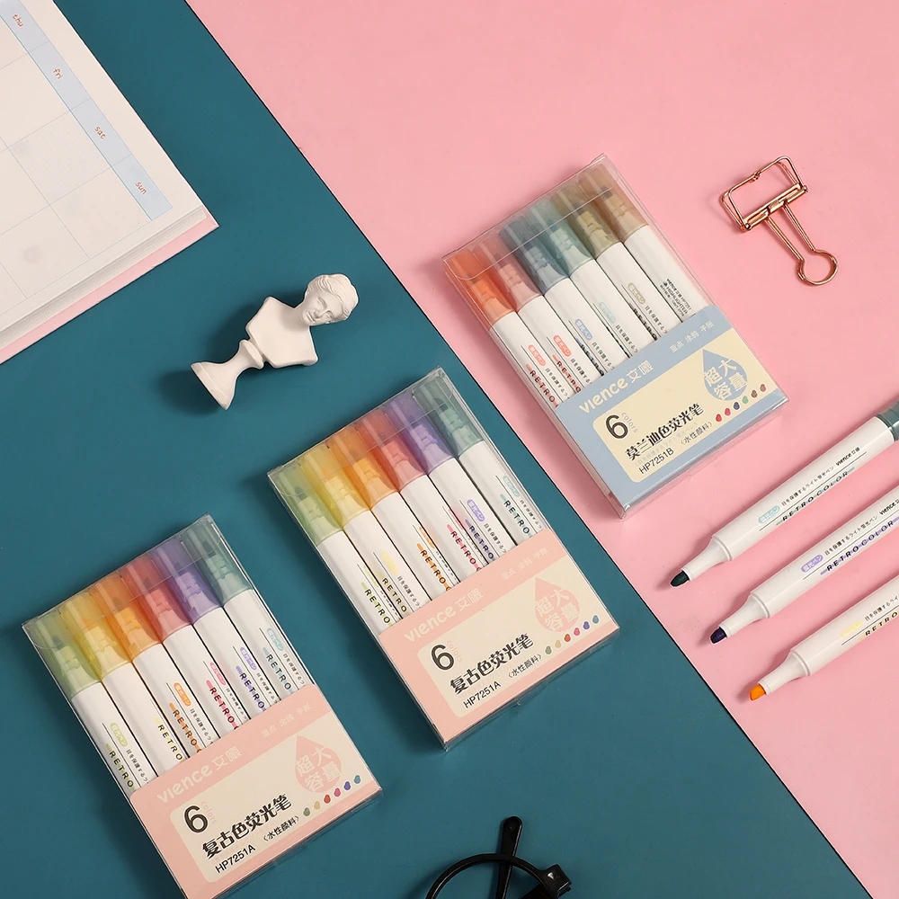

2021 New 6pcs/set Morandi Fluorescent Pen High Quality Cute Creativity Highlighter Pen Journal Pens Kawaii Art Supplies