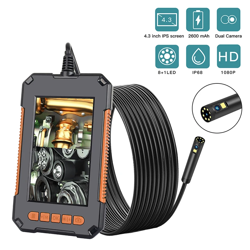 

P40 Dual Camera Industrial Endoscope 1080P 4.3 "IPS Screen IP68 Waterproof Snake Camera with 8 LED Lights 2600mAh Battery
