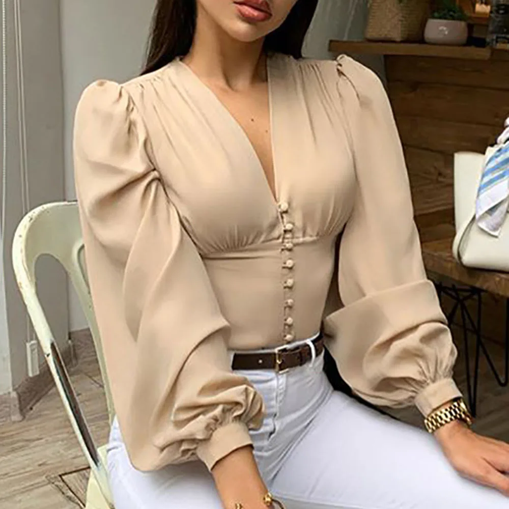 

Summer 2021 Fashion Women Blouse Puff Sleeve Sexy V-Neck Button Chiffion Office Tops Femme Khaki Shirts for Women