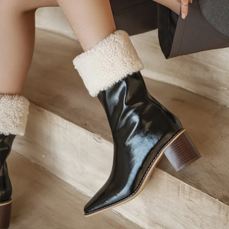 

MEMUNIA 2021 Top Quality Genuine Leather Shoes Women Winter Boots Square Toe Zip Thick Heel Warm Casual Ankle Boots Women